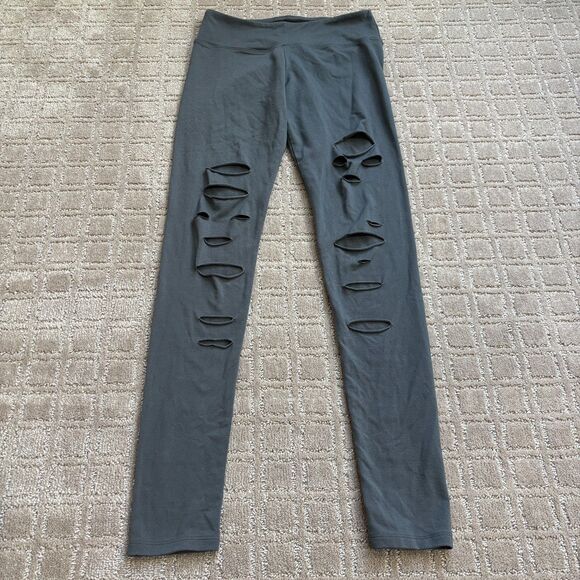 Solow Deconstructed Activewear Set Crop Top (XS) Leggings (S) Gray Green Ripped - Picture 6 of 10